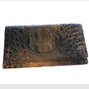 Brahmin Melbourne Checkbook Wallet Brown Embossed Leather Snap Close Card Holder